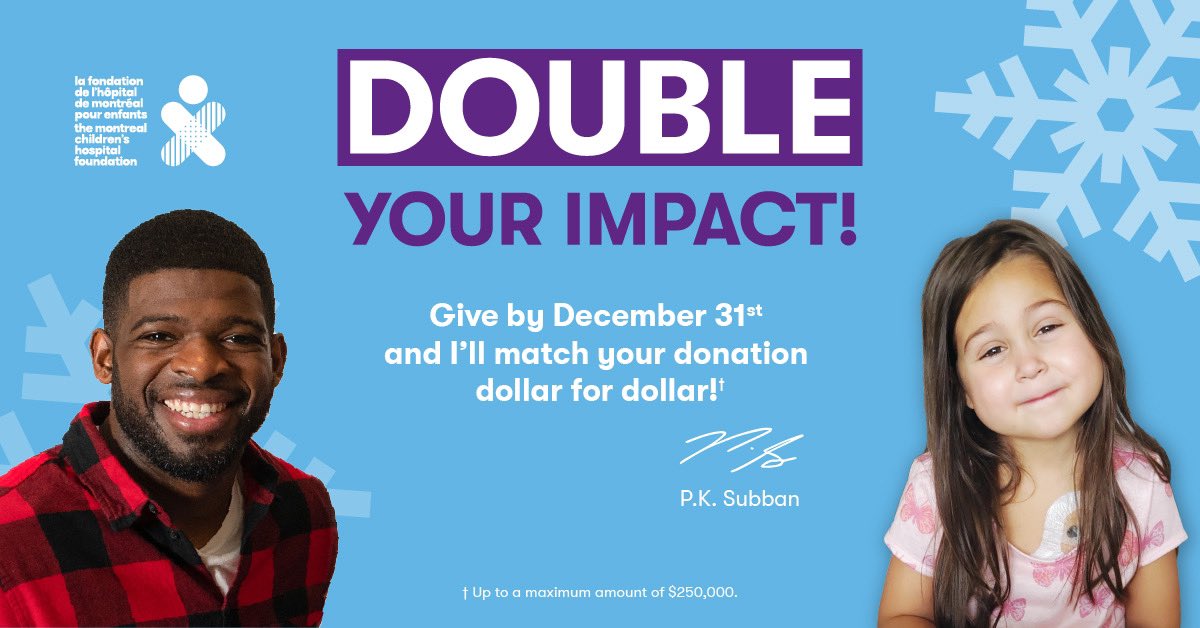 There’s still time to help! Contribute to P.K.’s helping hand fund in the next 3 days and <a href="/PKSubban1/">P.K. Subban</a> will match your donation. No amount is too little, every bit helps. Together we can make a difference in the lives of children at @HopitalChildren 💜 #PKSubbanFoundation