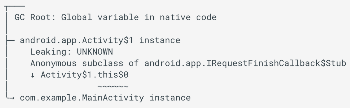 That text report also contains shortest paths from GC roots rendered as strings.I believe that LeakCanary shows a similar output in a less compact way but much nicer to read: