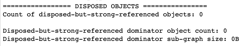 One thing that caught my eye in the report: "Count of disposed-but-strong-referenced objects""disposed but strong referenced objects" is exactly how LeakCanary identifies "leaks".