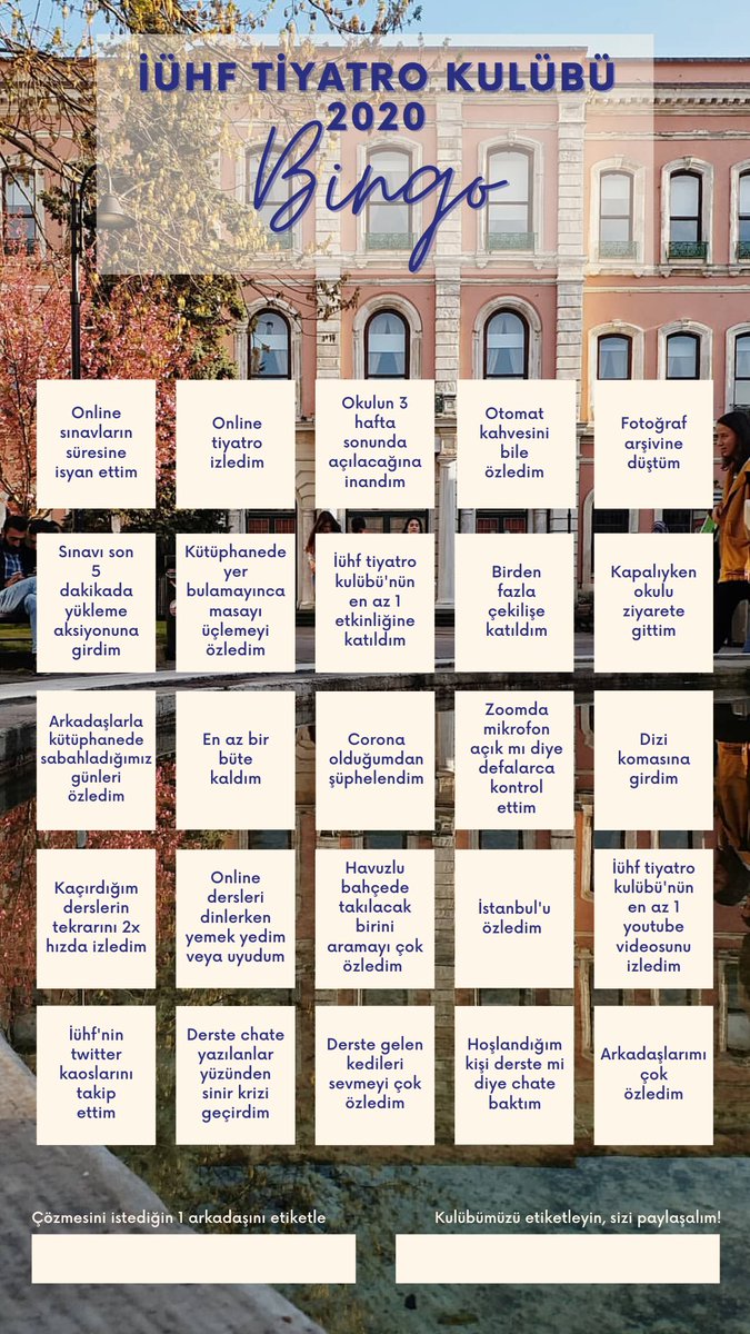 Arkadaşlar 2020’yi uğurlarken sizler için bingo hazırladık. 2020’de yaptıklarınızı işaretleyip bizi de etiketlerseniz çok mutlu oluruz. 🥳

Sonuçları çok merak ediyoruz!