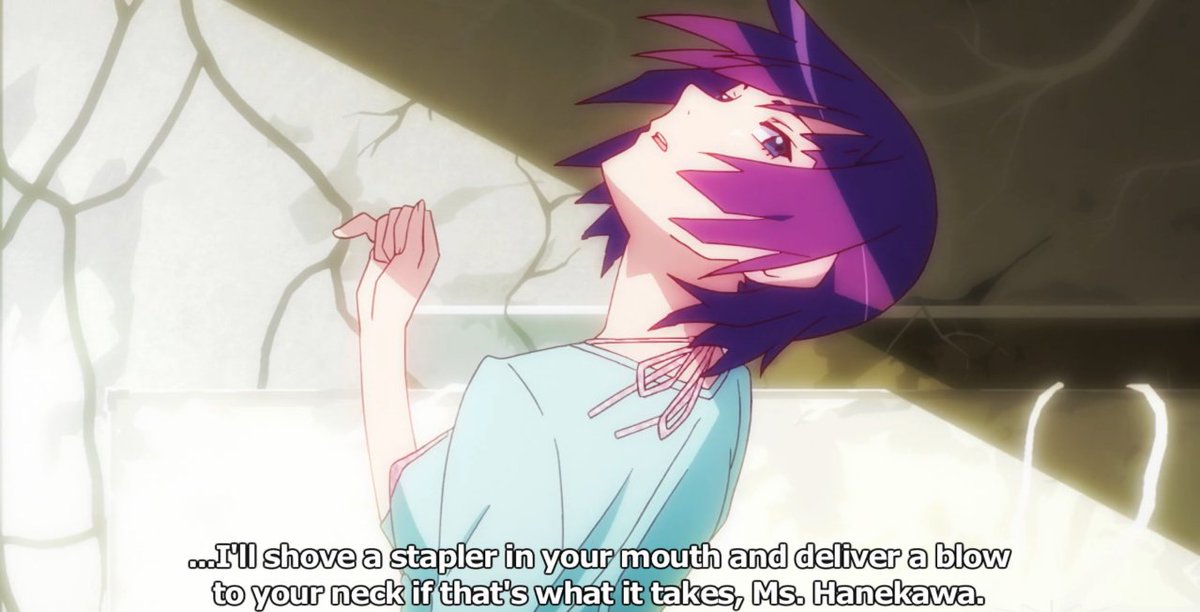 Finds her shes cries for her not shielding or hiding herself and her emotions but letting them out and exposing herself to hanekawa inviting her to her home. This shows how much she has changed as a person and is continuing to change.