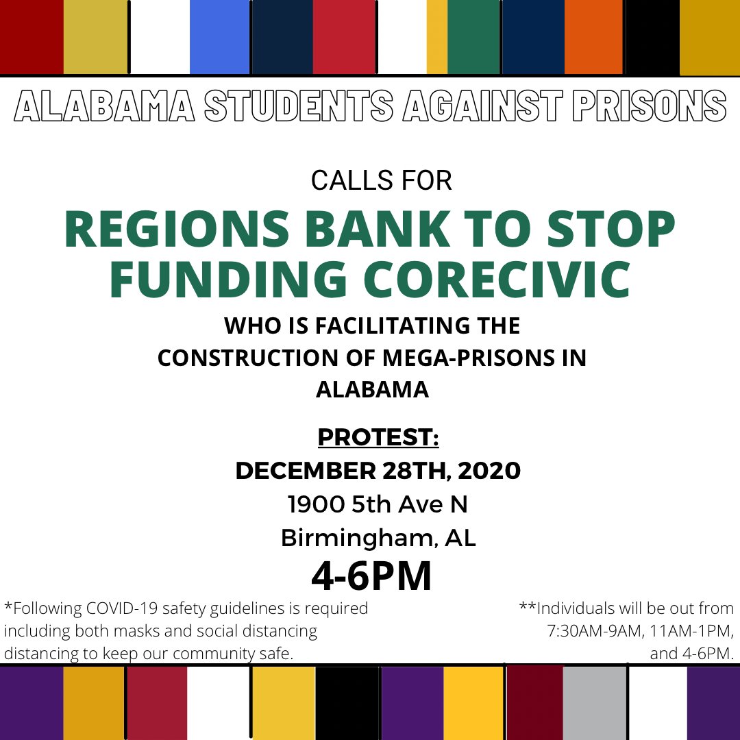 TODAY at Regions Bank! Alabama Students Against Prisons calls for <a href="/askRegions/">Regions Bank</a> to STOP funding mega-prisons in Alabama!

Hear from ASAP about their concerns at the downtown Birmingham location (1900 5th Ave N) from 7-9 AM and 11AM-1PM. The main protest will take place from 4-6PM.