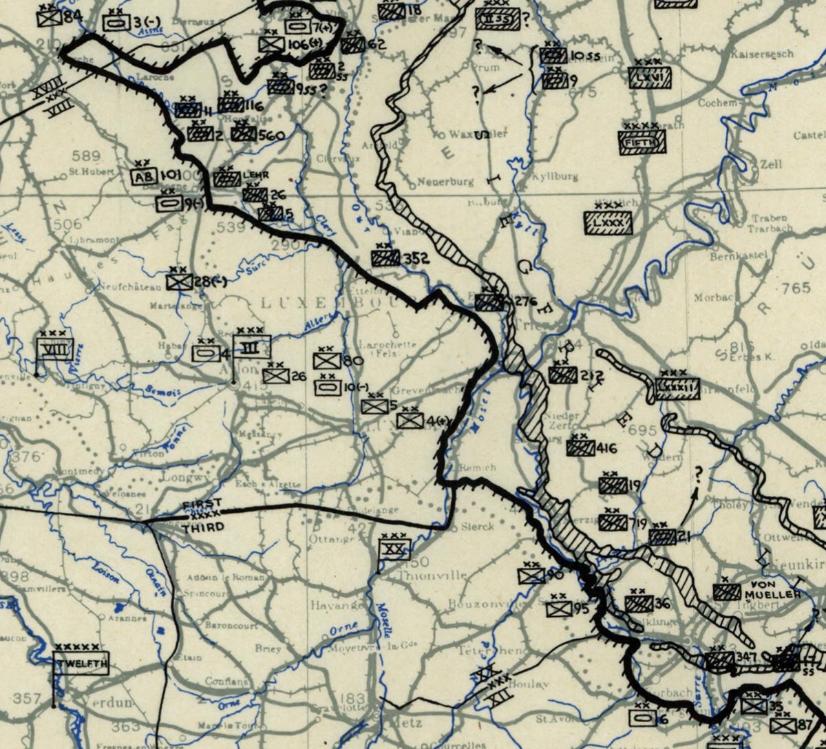 22nd December 1944Wacht am Rhein - D+6Twelfth Army situation map.The 80ID has arrived south of Ettelbruck with the 26ID* echeloned to its left following its move north. Both would contest the weakened 352VGD.*I missed this in my previous thread - apologies.1)
