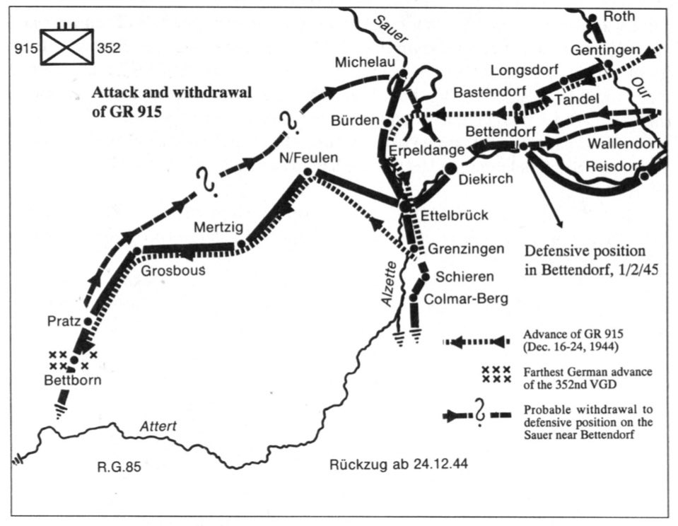 915./352VGD continued its march from Mertzig, with elements of 914VGR, also. At least two PzJg 38(t)s in support.Grosbous & Pratz the next towns as they made their way SW, avoiding the road where possible.The weather was cold, snowing & raining.3)