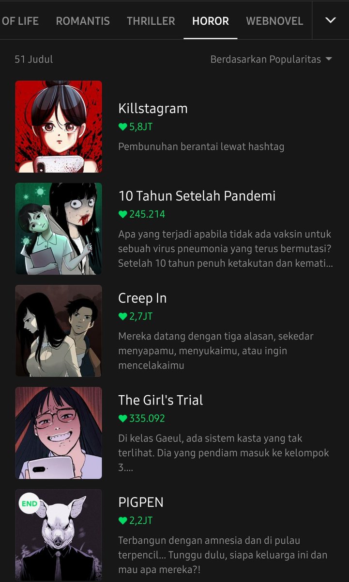 Webtoon ini tempatnya banyak komik independen dari kreator2 komik dalam dan luar negeri. Kita bisa baca komik gratis dengan jadwal rilis masing2 komiknya, atau bayar pakai koin buat baca duluan.Link:  https://play.google.com/store/apps/details?id=com.naver.linewebtoon