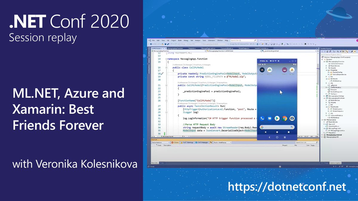 dotnet's tweet photo. As a .NET dev, you already know how to create a smart cloud, cross-platform mobile apps. Now add #MLdotNET, #Xamarin, and Azure to create web, desktop, mobile apps complete with 🔥 Machine Learning 🔥. 

See how in today's #dotNETConf session replay: https://t.co/9P9MbcIPcC https://t.co/l8aGtooIpF