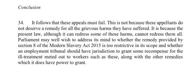 That’s the CONTRACT SHE WAS ENTITLED TO HAVE FULFILLED ANYWAY.Nothing for the loss of Liberty. Nothing for the suffering + distress. Because modern slavery + trafficking are not torts. When we lost in Taiwo v Olaigbe the Supreme Court said Parliament should look at this 2/5