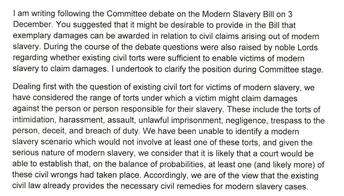 But Parliament hasn’t looked at it. It hasn’t even debated it. We told the Government the remedies were inadequate in 2014 but it said (see below) ‘it’s fine there are civil law remedies’ and then boasted about remedies in the Modern Slavery Act. It was wrong. 3/5