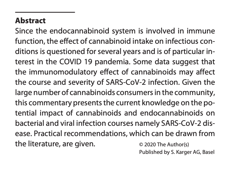 #Cannabinoids &amp; #COVID19 - CB2 receptor primarily located w #immune system for suppressive modulation 

"Indeed, activation of CB2 decreases septic lung lesions in mice by promoting autophagy and by inhibiting the release of #inflammatory mediators." 

karger.com/Article/Fullte…