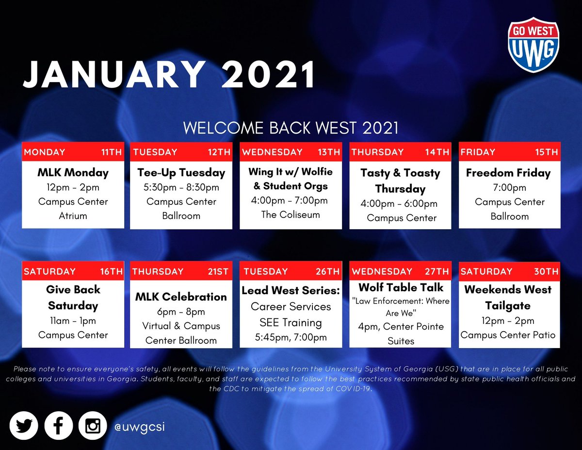 We can't wait to see you in January for our Welcome Back West events! Check out all that we have going on! #gowestgowolves #uwg