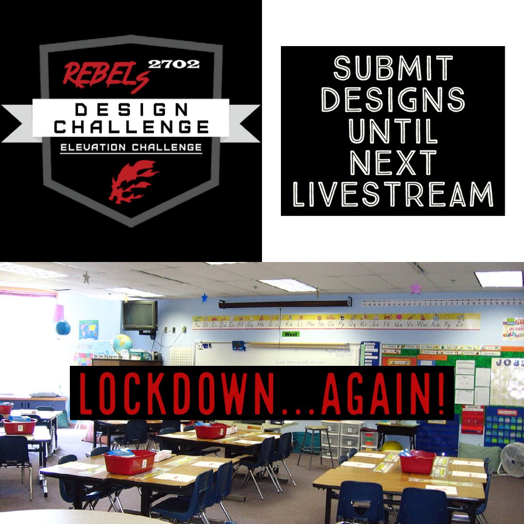frc2702's tweet image. Well, we’re going into lockdown...again. So if you’re looking for something fun to do, why not check out our design challenges? Take your time, you have until our next Livestream, which by the way, will present a different kind of challenge...
#OMGRobots #spreadingGP #2702Rebels