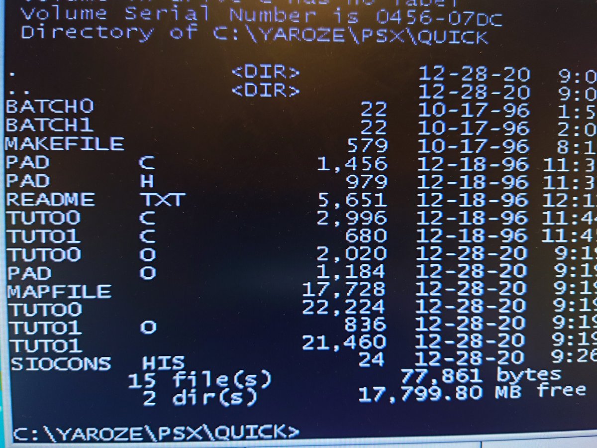 The CD comes with the most basic of samples - Hello World, and a bouncing ball demo. To compile these, you just run the batch file to set up the environment, then type 'make'. This environment uses the DJGPP compiler. Retro!That gives us tuto0 and tuto1 compiled binaries.