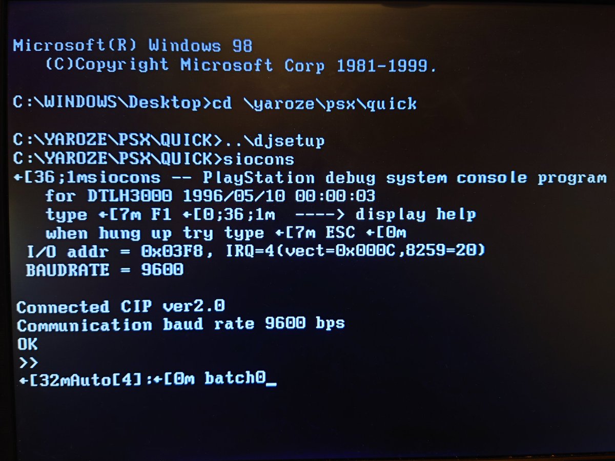 To run the demo, fire up the SIOCONS tool, which connects to the Net Yaroze via serial. F3 to open a command prompt, then 'batch0' - the name of a SIOCONS batch file that uploads the tuto0 binary to the console and runs it.