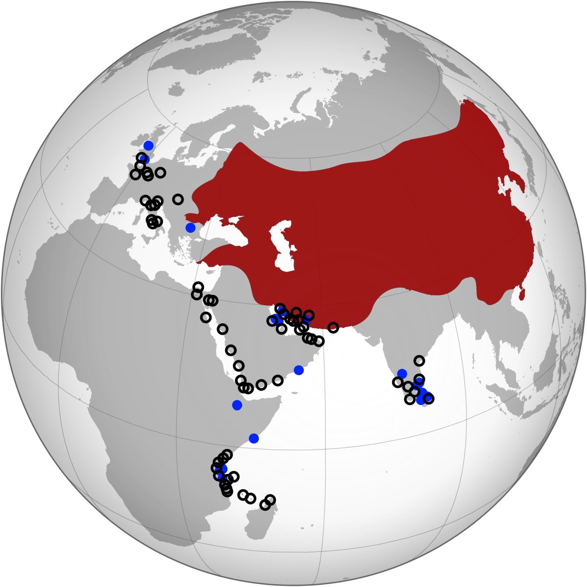 The map included in the above tweet & post is of the distribution of archaeological & textual evidence for the presence of medieval Chinese pottery (black open circles) & coins (blue dots) west of India, set against the max extent of the Mongol Empire in the 13th century in red.