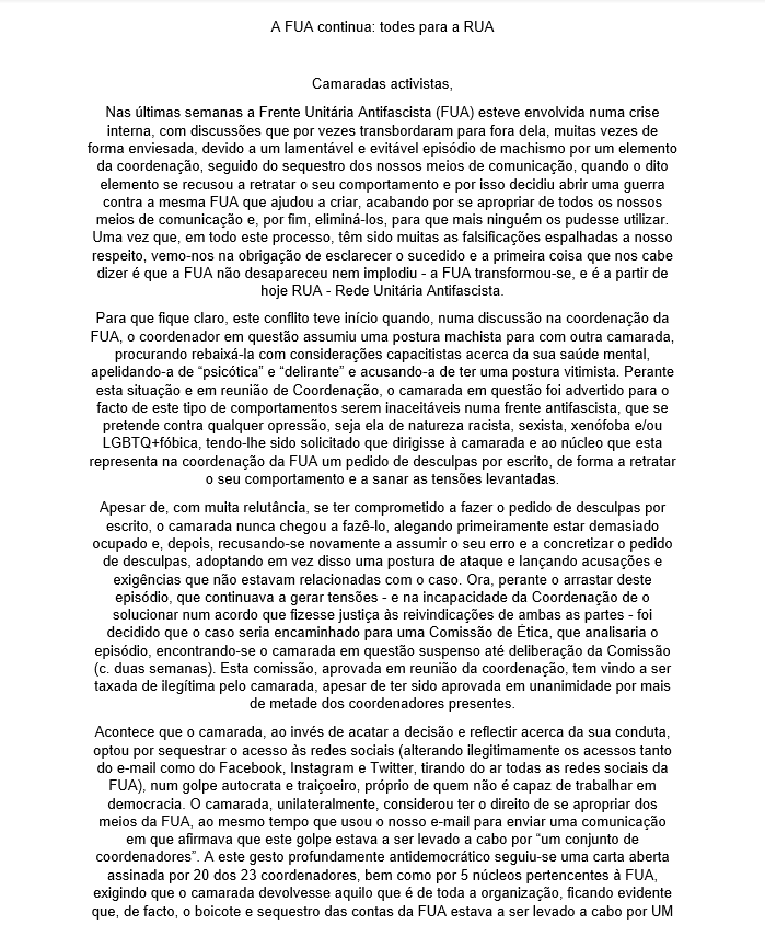 AntifaPALVT's tweet photo. Em comunicado oficial, redigido a 27 de Dezembro de 2020, a Frente Unitária Antifascista é agora a Rede Unitária Antifascista.

Iremos deixar nesta thread as novas redes sociais.

Estamos na RUA. https://t.co/pUovXwuaoa