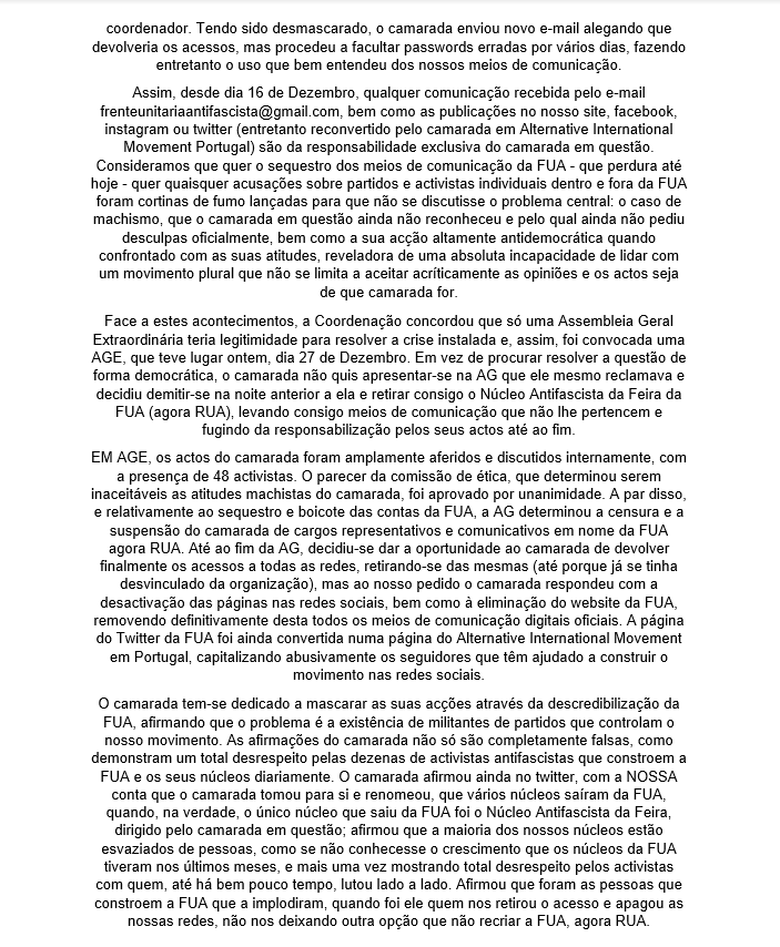 AntifaPALVT's tweet photo. Em comunicado oficial, redigido a 27 de Dezembro de 2020, a Frente Unitária Antifascista é agora a Rede Unitária Antifascista.

Iremos deixar nesta thread as novas redes sociais.

Estamos na RUA. https://t.co/pUovXwuaoa