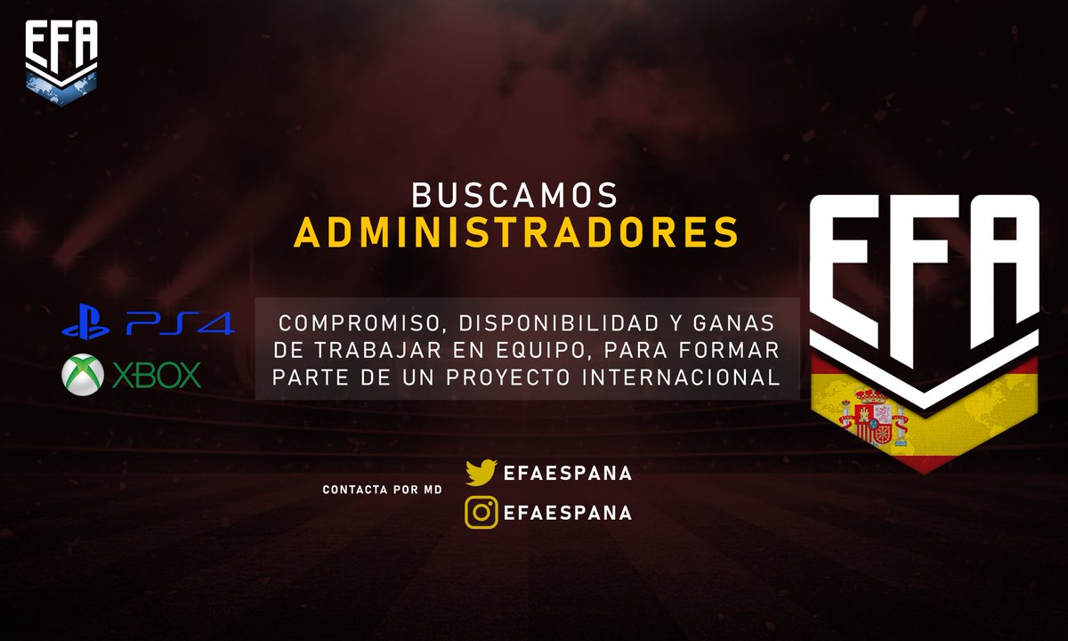 Se buscan Administradores para EFA ESPAÑA PSN.
Mayores 18 años, disponibilidad lunes a jueves.
INTERESADOS MD.