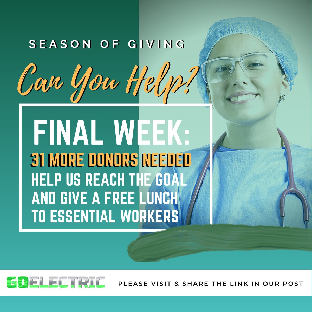 1SOLUTION4's tweet photo. FINAL WEEK: Our Global Giving Project Ends 12/31
31 More Donations Needed
Donate a lunch to essential workers. Even a $10 donation makes a difference!
https://t.co/VbYGTuyChr

@GlobalGiving #GivingTuesday #givingtuesday2020 #nurses #frontlineworkers #FrontLineHeroes #Frontliners https://t.co/R8LnVQ3VSc