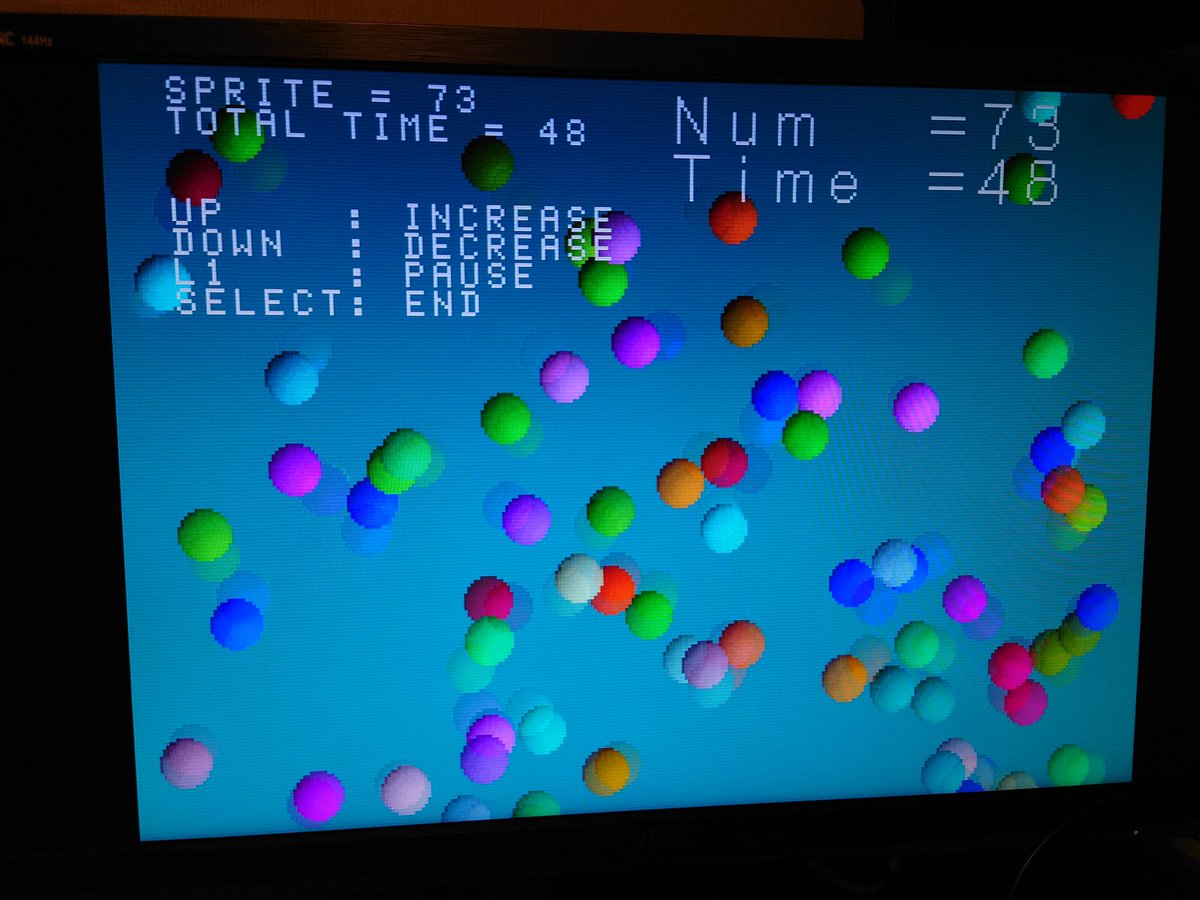 And here's that bouncing ball demo, which also shows off gamepad input, image loading, sprite drawing, and CD audio. Great!