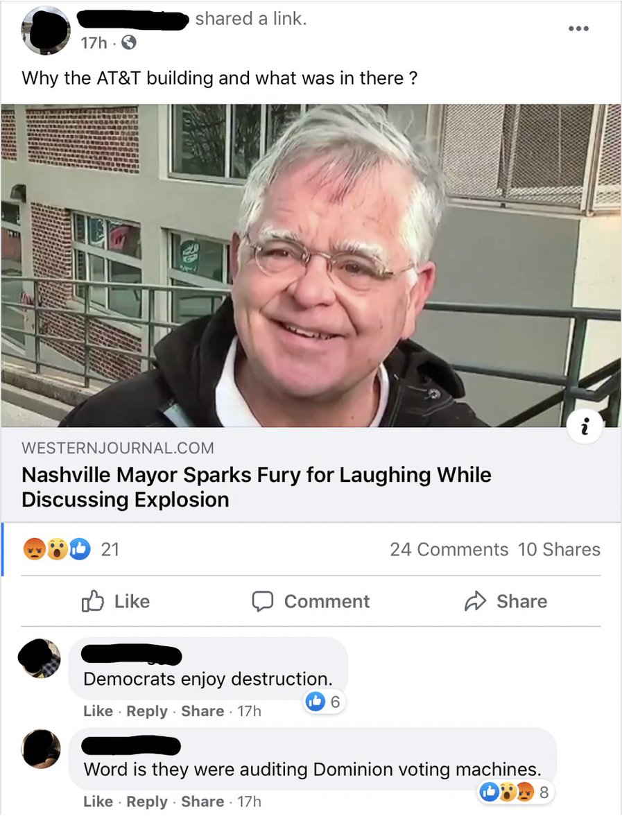 That's been grimly on display in reactions to, eg, the Nashville suicide bombing. Here is a thread of a post & replies, from a public, nominally non-political community Fb group w 50,000+ members