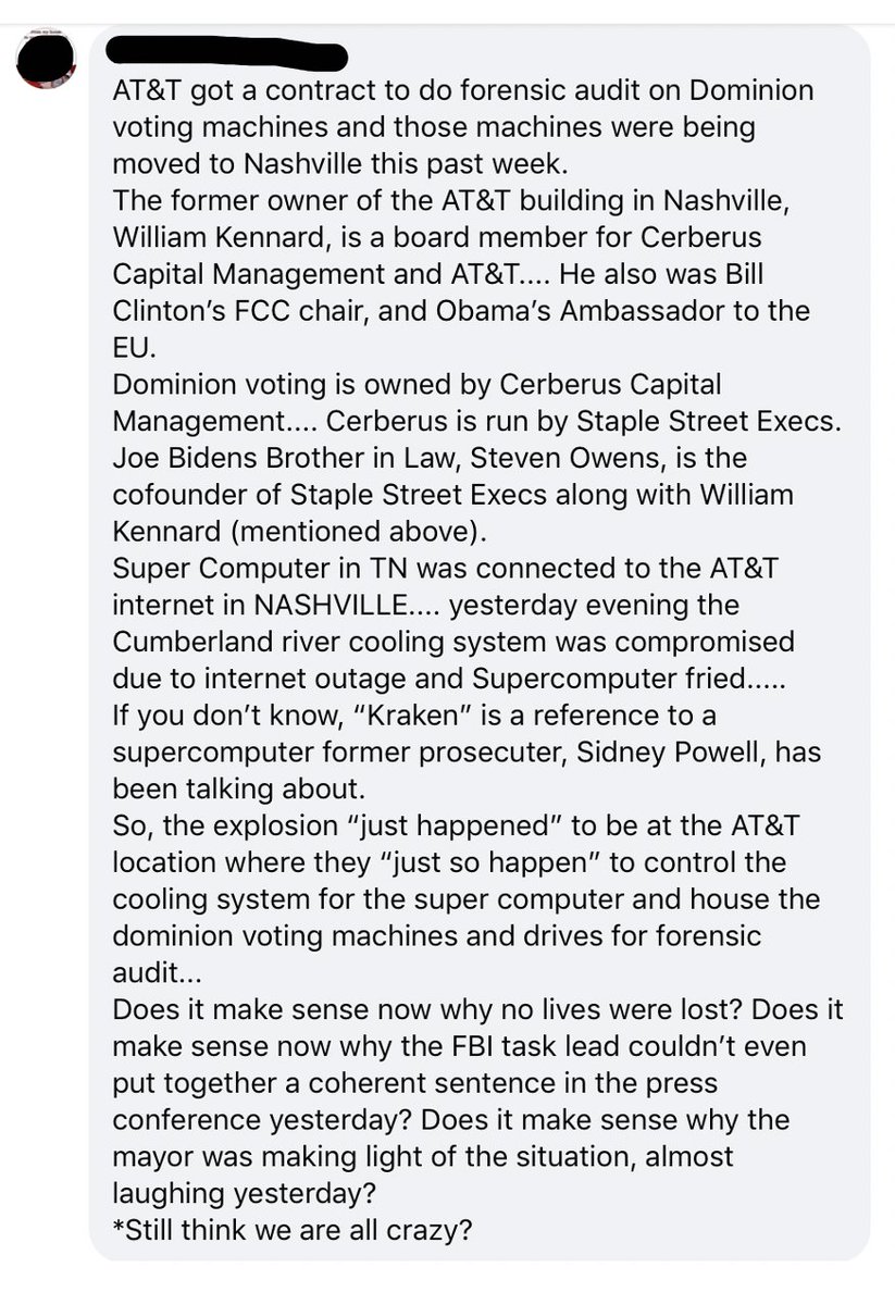 The self-sealing nature of conspiracy theories is on display, as the fact that the MSM is not reporting the claimed Dominion voting machine tie-in become further evidence supporting claims that the actors responsible for the bombing are the same forces covering up vote fraud