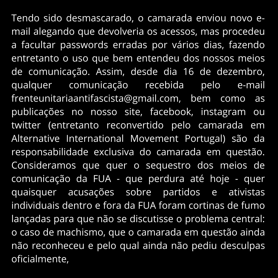 RedeUnitaria's tweet photo. Pedimos então que leiam e partilhem este comunicado, de modo a limparmos o nome do movimento e a mantermos a nossa luta. O nosso inimigo é todo o mesmo: o fascismo. Que se continue então esta luta, todes unides. (2/3) https://t.co/SrlHDPW6qt