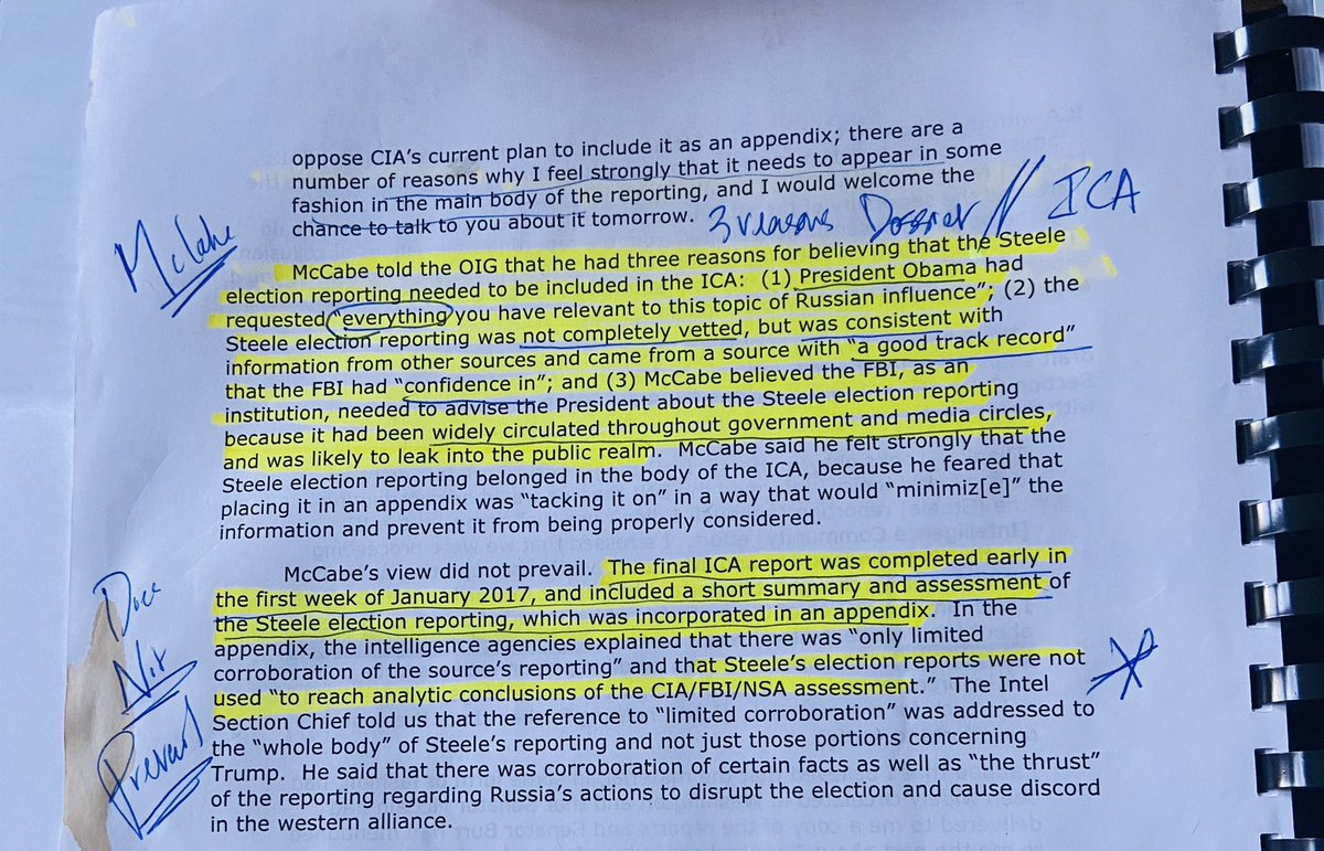  #SpecialCounselDurham  #Flashback On this day, December 28, 2016 IG Horowitz found then  @FBI Deputy Director McCabe wrote to senior intel official arguing Steele dossier should be included in the "main body" of the Intelligence Community Assessment or ICA -- the most consequential