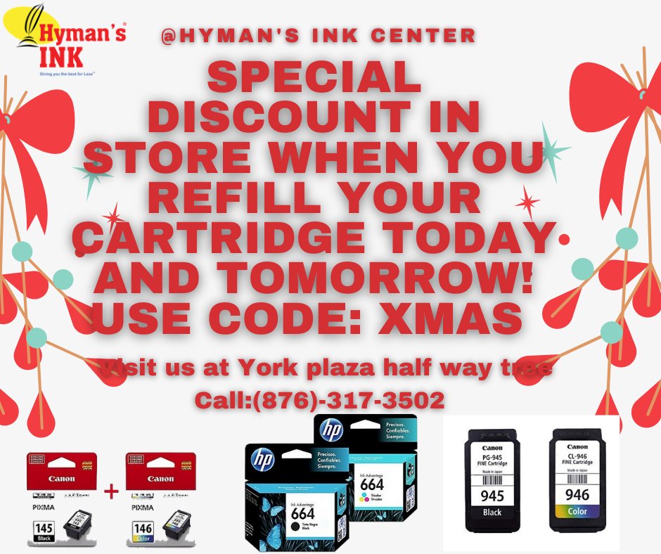 HymansInk's tweet photo. We are giving our customers a special discount only for today and tomorrow!
Come Hyman’s ink center at York plaza half way tree and refill your ink cartridges and get a special discount !
Only today and tomorrow!
Use the code: XMAS 
Call us (876)-317-3502 
https://t.co/0j82ZVg3a1 https://t.co/LQgbY8cg5j