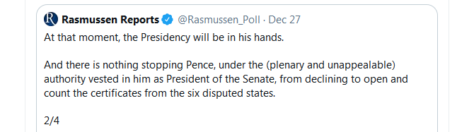 If Pence were so inclined, he literally/physically could do what Rasmussen says here, but in the end this gambit would fail. How so? Let's see.1/