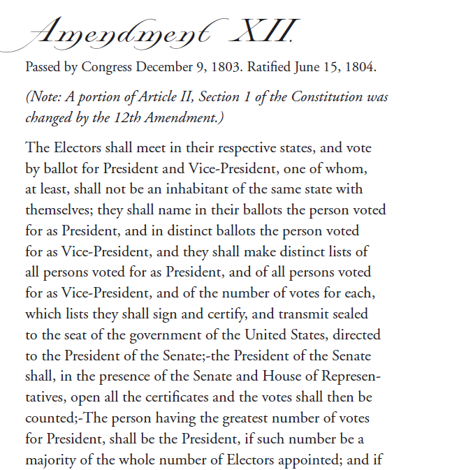 But first: Despite what Rasmussen says, the power of the President of the Senate at the counting of the electoral votes is NOT "plenary and unappealable". Indeed, if you look closely, you'll see the Constitution doesn't say he presides, just that he opens the envelopes.2/