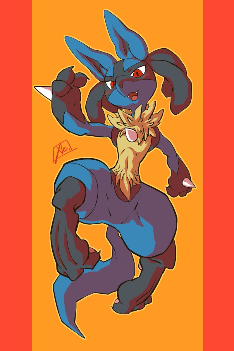 lucario solo simple background pokemon (creature) open mouth furry orange background red eyes  illustration images