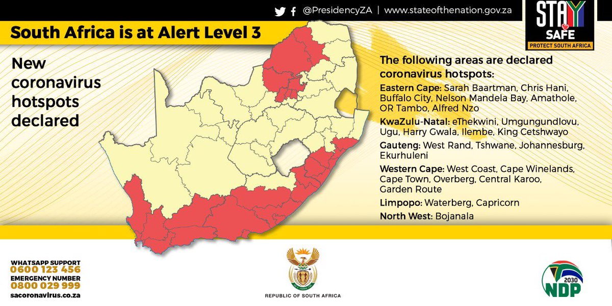 PresidencyZA's tweet photo. South Africa is at Alert #Level3: New coronavirus #hotspots declared #StaySafe https://t.co/gztrqzi48q