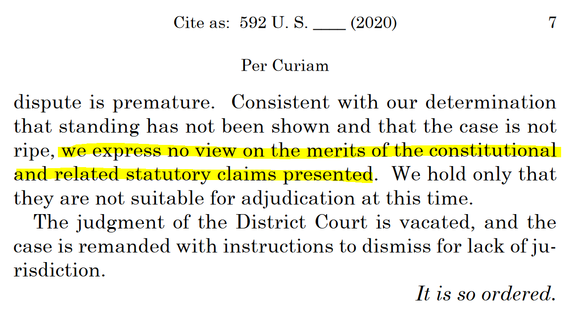 9. To be clear, the Supreme Court is overturning the lower court rulings that had blocked Trump's census memo because SCOTUS found that the cases are not ready for courts to review. From the majority opinion in the New York-based case: https://www.supremecourt.gov/opinions/20pdf/20-366_7647.pdf
