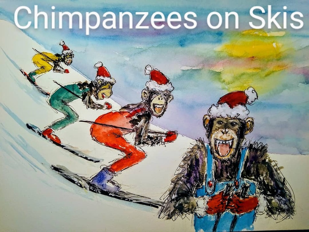 Day 4 of #12daysofchristmas, Chimpanzees on Skis! #ski #chimpanzee #chimp #animals #monkeys #primates #snow #skiing #illustration #art #artwork #sketch #painting #drawing #animalart #animalartist #christmas #cartoon #comedyart #watercolour #pen #ink #gou… instagr.am/p/CJWgi0EH7NC/