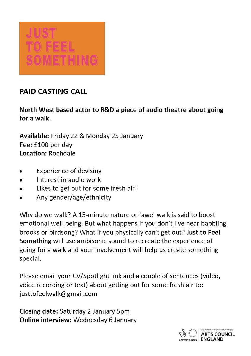🚨PAID CASTING CALL 
North West based actor to R&amp;D a piece of audio theatre about the simple act of going for a walk.
Closing date Sat 2 Jan 5pm