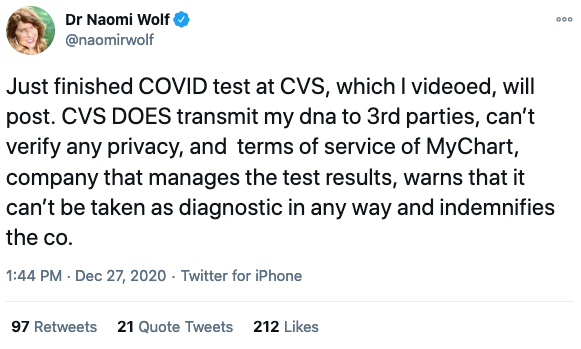 This is a really embarrassing way for Dr. Wolf to demonstrate that her expertise is decidedly NOT biology. FYI: COVID tests do not detect your DNA. They detect viral RNA, which is converted to DNA as part of the PCR test. Still NOT your DNA or your genetic data.