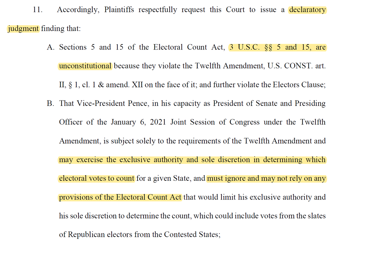 They are literally asking the court to *SIMULTANEOUSLY* tell Pence that:1: Pence has complete, 100% authority in how to determine which electoral votes to count; and2: Pence absolutely must totally ignore the Electoral Count Act.This is skullblastingly asinine.
