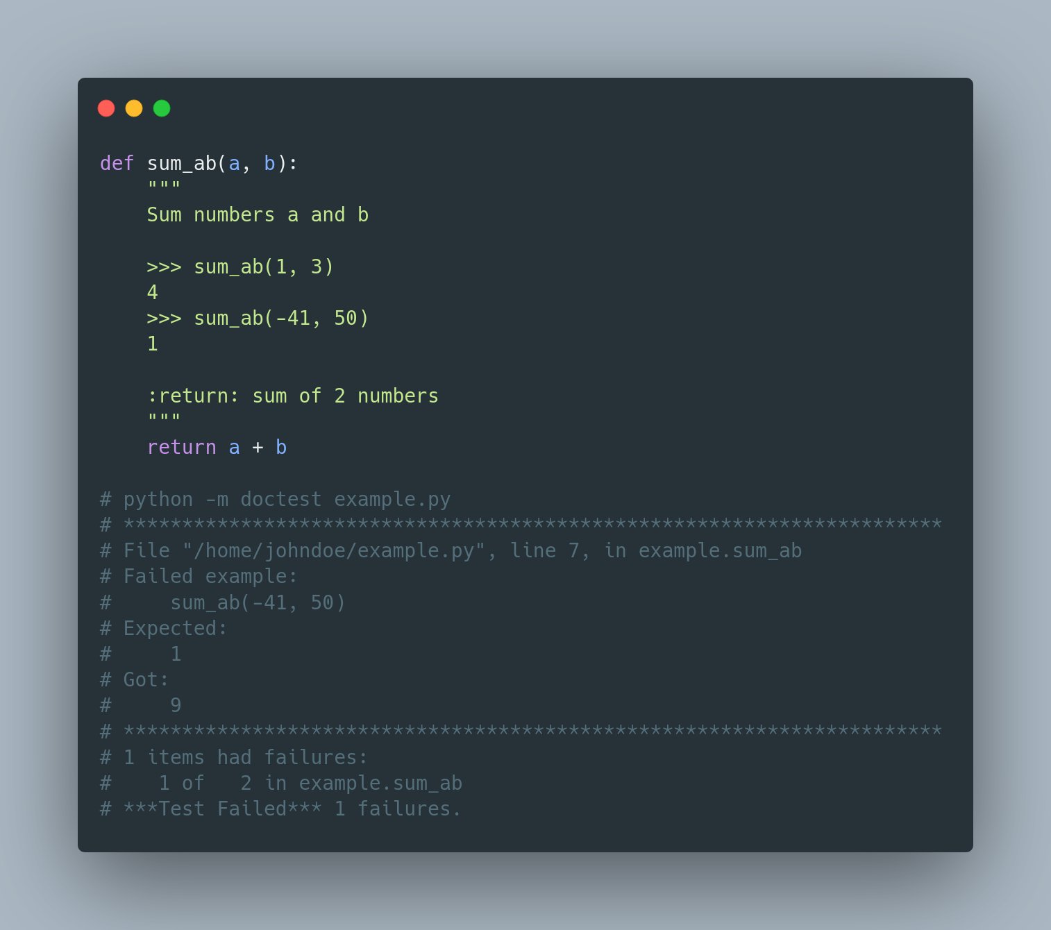 TestDriven.io på Twitter: "Python tip: You can use 𝗱𝗼𝗰𝘁𝗲𝘀𝘁 module to  run interactive code examples inside docstrings It notifies you If any of  the examples don't return the expected value👇 https://t.co/KbqTWteDEH" /