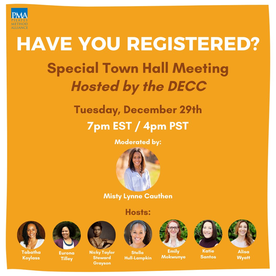 Have You Registered Yet? Special PMA Town Hall Meeting Hosted by the DECC
Learn more: bit.ly/Special-PMA-To…
**Submit your questions for our free Town Hall Meeting by 12/28 at 11:59pm EST
#pilatesmethodalliance⁣⁣
#pilatesindustry⁣⁣
#pilatescommunity