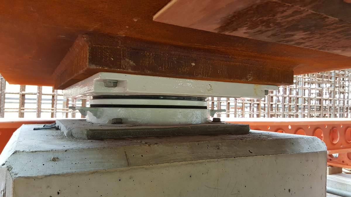 Bearings: Devices that help the bridge move. I’ll do a thread on bearings this week. Connects the deck to the abutment, bankseat or piers. Comes in various types such as fixed, sliding, pot, free-range, organic and vegan (the last two may be made-up)