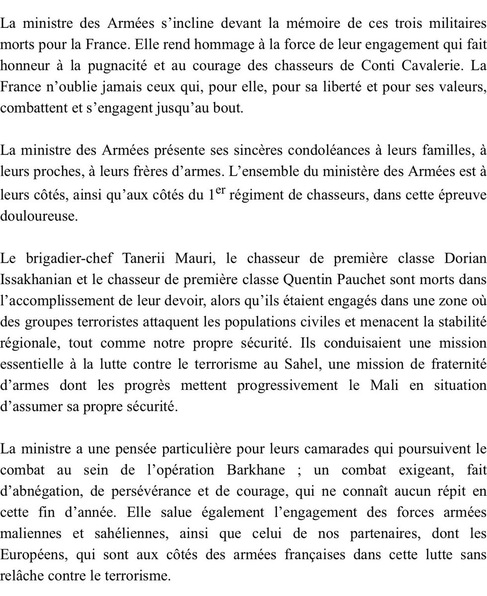 Armees_Gouv's tweet photo. 📌@florence_parly, ministre des Armées, a appris avec émotion et une profonde tristesse la mort au Mali du brigadier-chef Tanerii Mauri, du chasseur de 1re classe Dorian Issakhanian et du chasseur de 1re classe Quentin Pauchet du 1er régiment de chasseurs de Thierville-sur-Meuse. https://t.co/FH9hwQHNvD
