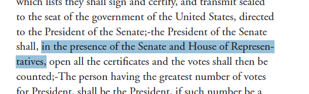But after all that, what if Pence persisted? The Speaker could order the cameras, mics & lights turned off and the House Sergeant at Arms to clear the chamber (at least of all House members) – it is her chamber, after all – and thereby would end the "presence" of the House.10/