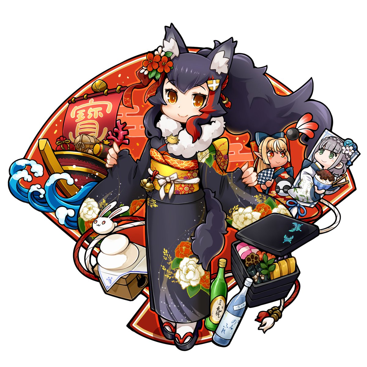ookami mio ,shiranui flare ,shirogane noel animal ears kimono japanese clothes wolf ears tail black hair red hair  illustration images
