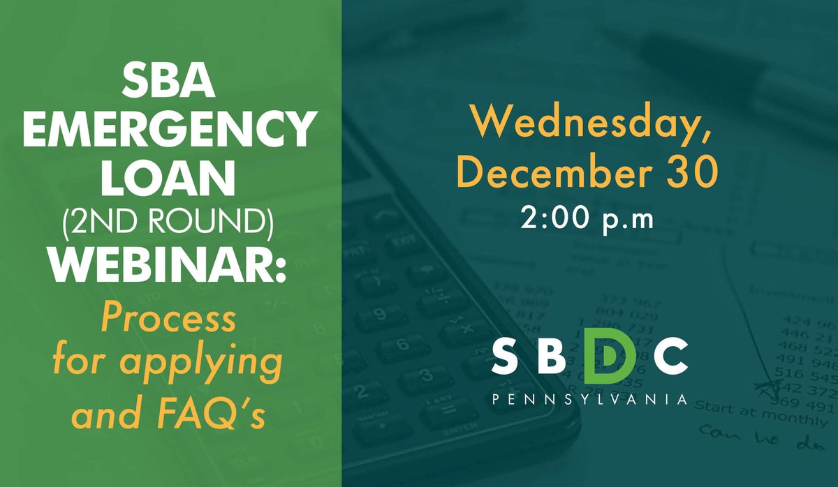 🖥 ➡ Join us on Wed., Dec. 30, 2 p.m. to learn about small business qualifications to apply for the second round of PPP loans.📣 SBA Emergency Loan Free Webinar: Process for applying and FAQ's. Register at: 
pasbdc.ecenterdirect.com/events/27581
#PASBDC #SBDC