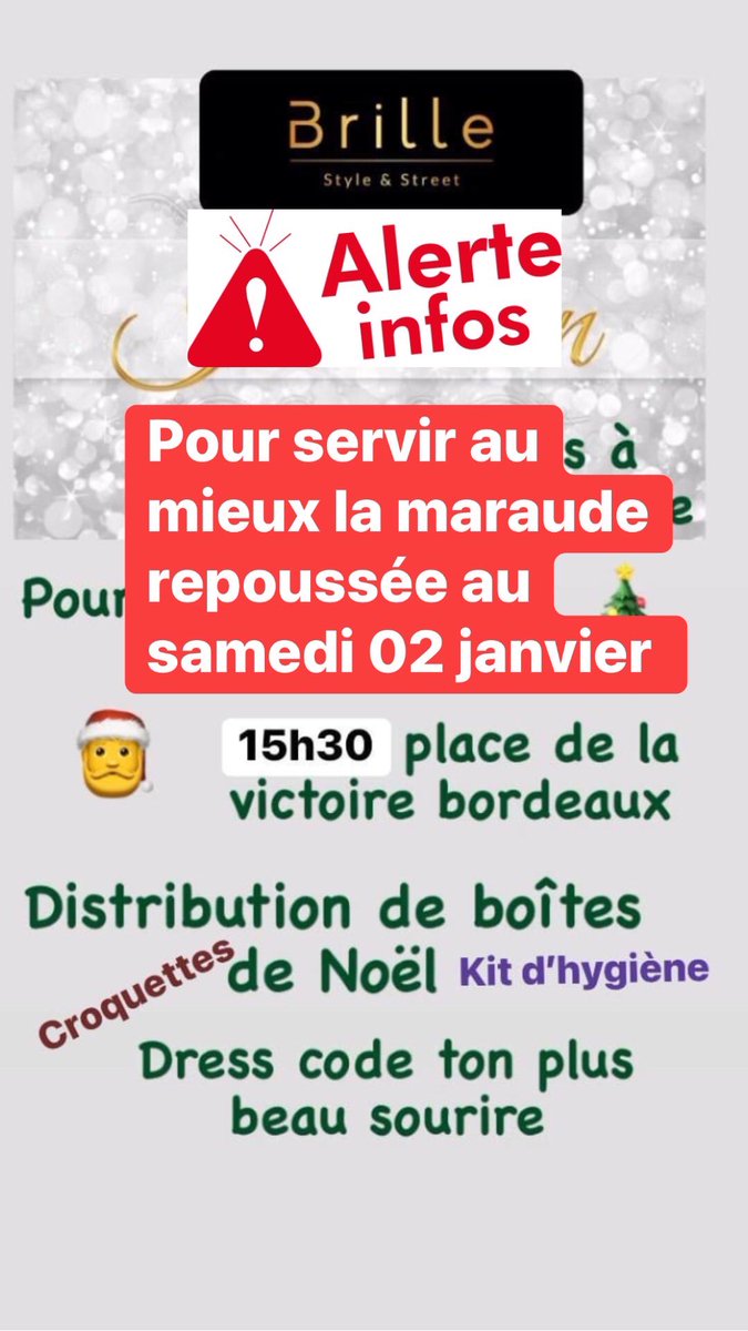 BoumardJ's tweet photo. Bonjour à tous, vous êtes invités le 02 janvier à 15h30 place de la victoire à Bordeaux pour une maraude  distribution de produits d hygiène, croquettes, boîtes à cadeaux, tu peux venir seul famille avec les enfants #Brille #Maraudes  #Solidaire #Aide  #Lormont #Bordeaux https://t.co/Mn6xV1jCbH
