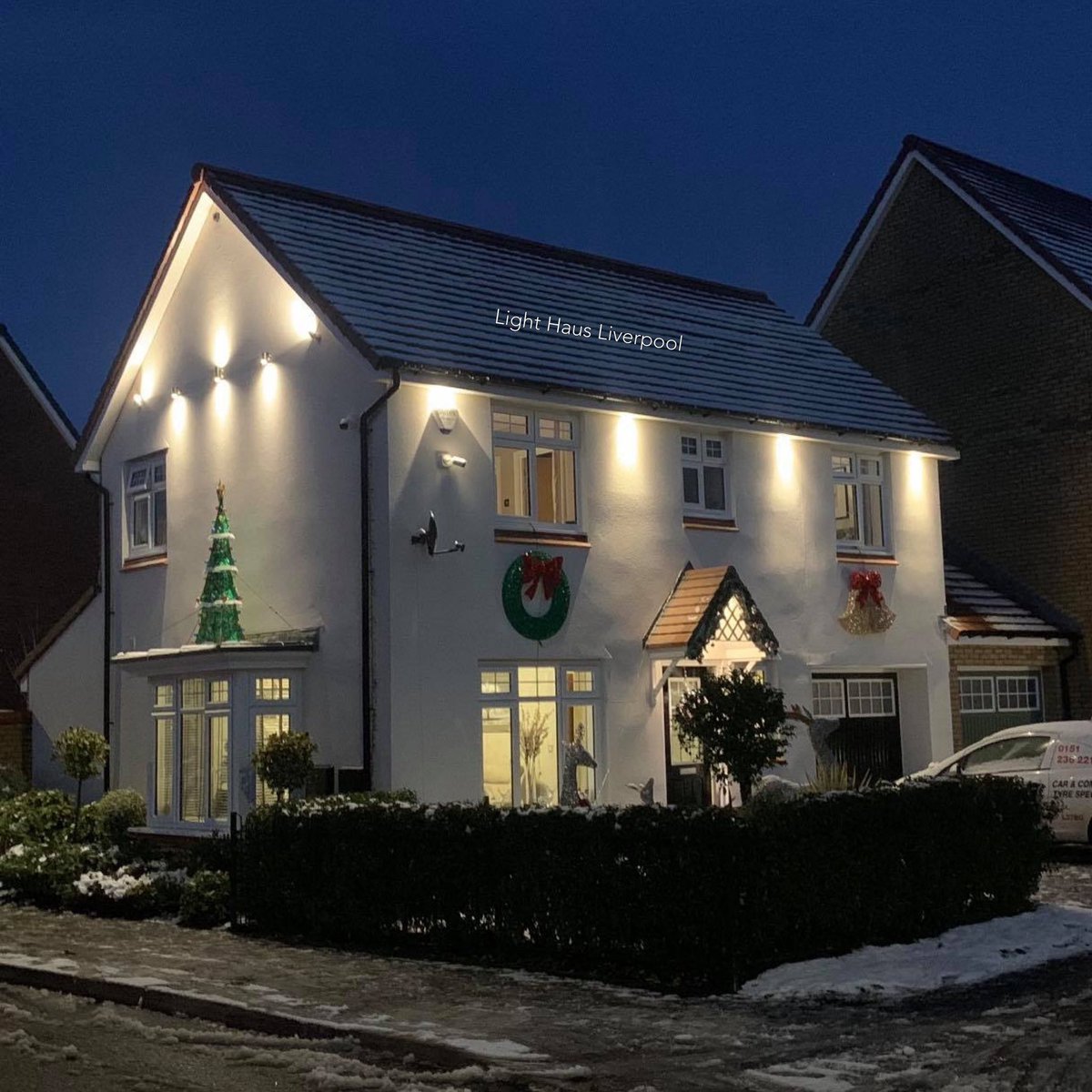 LightHaus6's tweet photo. 🤩🤩 Braving the snow today to complete this stunning installation! 
A combination of soffits, downlights, up/down lights and directional lights.  Plus a dusk till dawn photocell making the lights fully automatic! https://t.co/yGncmVesK8