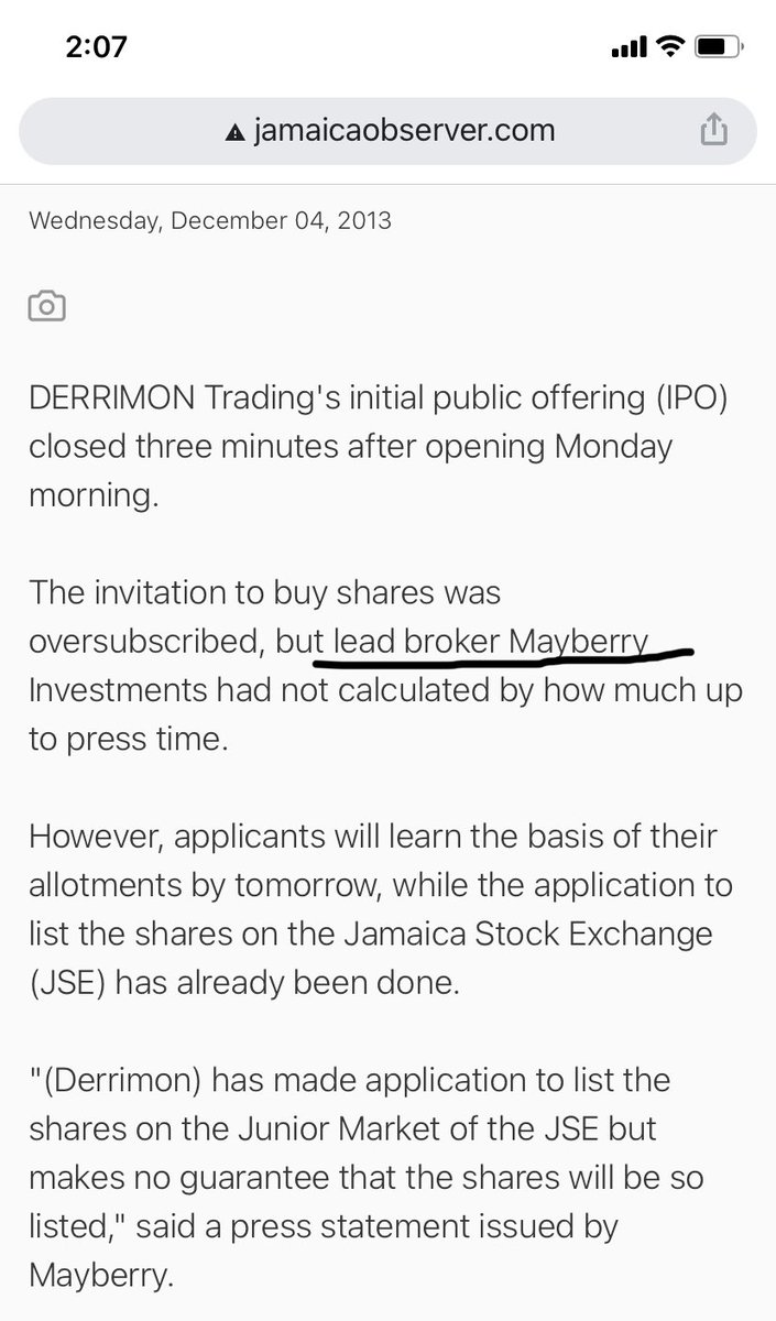 So let’s go back to the early days of 2013 when  $DTL.ja initially went public. The lead broker was Mayberry Investments at the time. The listing was very successful and the offer closed within 3 minutes of opening.  http://www.jamaicaobserver.com/business/Oversubscribed-Derrimon-IPO-closed-in-3-minutes_15570708