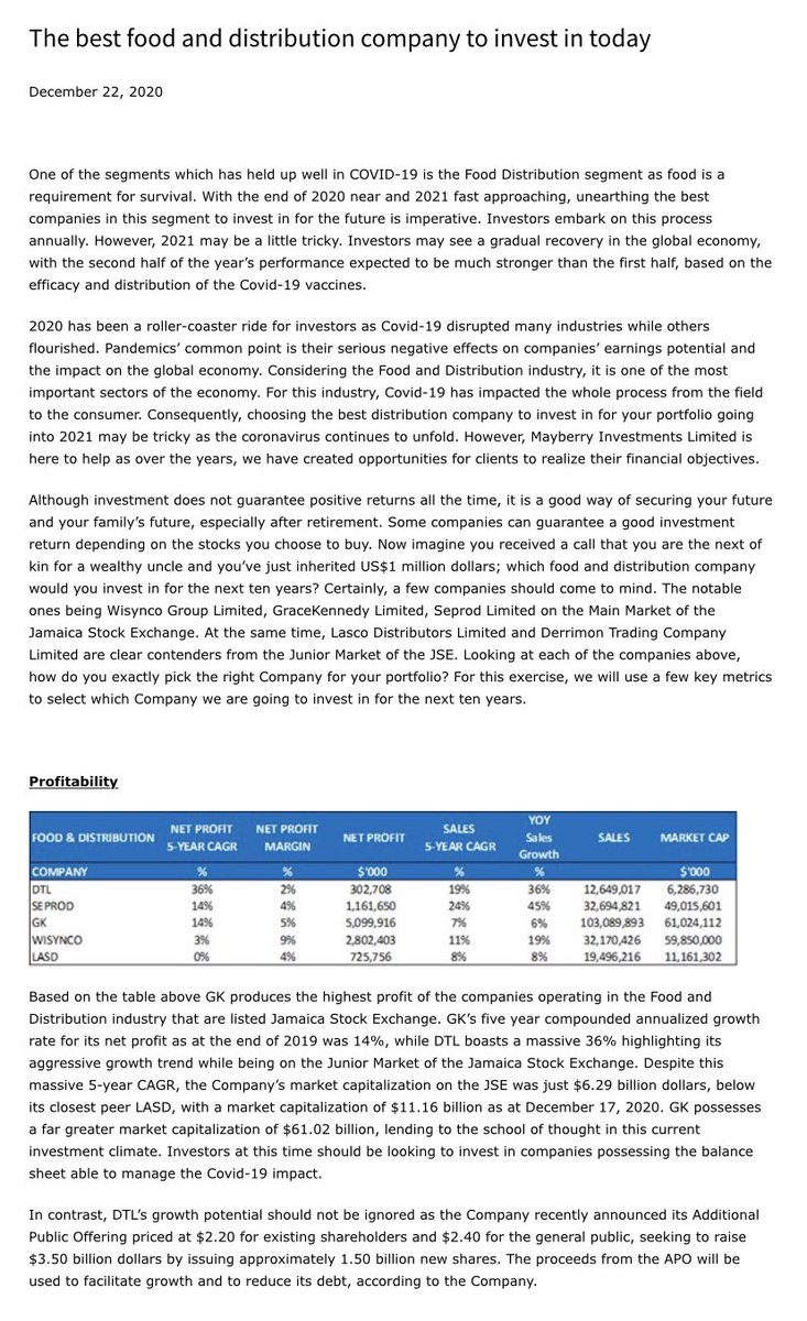 So far everything is fairly straightforward.Fast forward to this sponsored post the other day, talking about the “best food & distribution company to invest in today” and they are referring to  $GK.ja.They publish an article outlining their thinking. https://www.mayberryinv.com/the-best-food-and-distribution-company-to-invest-in-today/