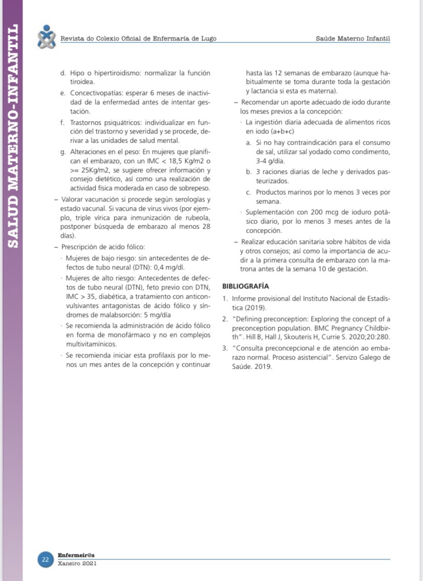 A continuación os dejo mi publicación en un nuevo número se la revista del <a href="/COELugo/">Colexio Oficial Enfermaría Lugo</a> Gracias <a href="/nazalugo1/">𝑵𝒂𝒛𝒂𝑳𝒖𝒈𝒐 💙🏀💉🩺📖</a> por permitirme formar parte de un equipo de redacción de tantísima calidad. En este número hablo de la importancia de la consulta preconcepcional. #matrona