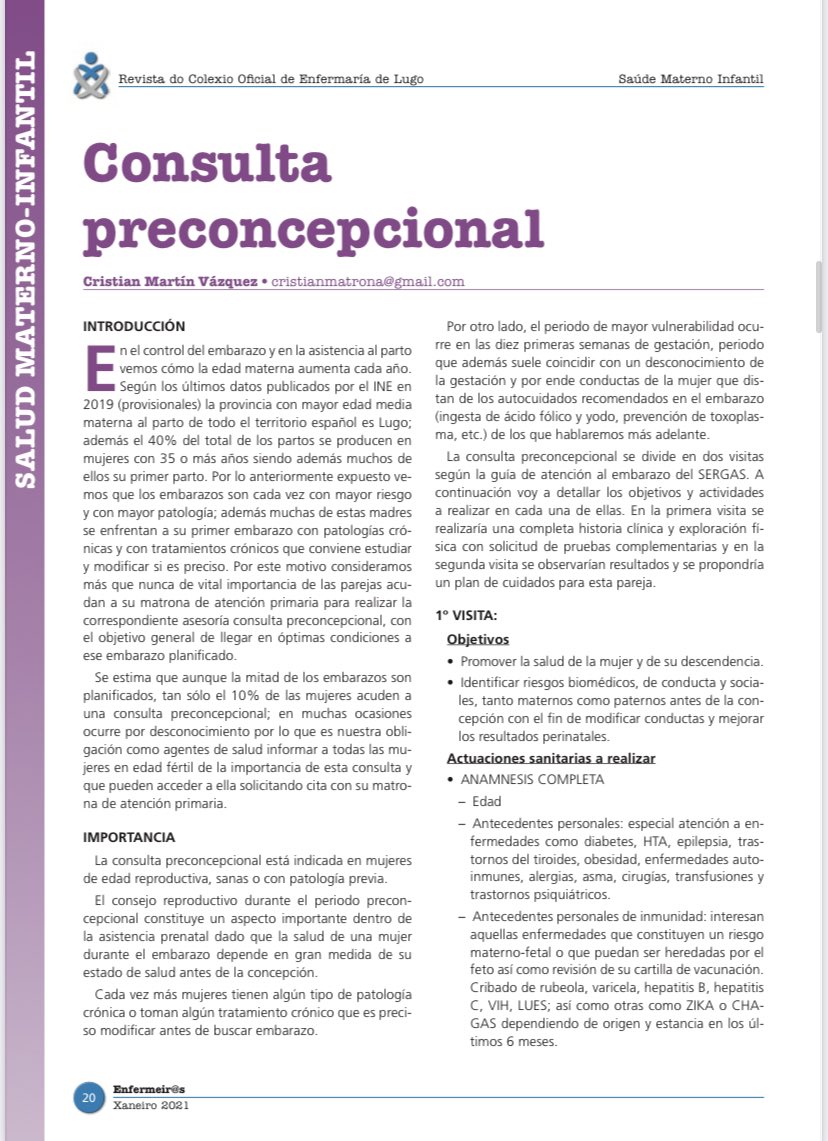 cris90due's tweet photo. A continuación os dejo mi publicación en un nuevo número se la revista del @COELugo Gracias @nazalugo1 por permitirme formar parte de un equipo de redacción de tantísima calidad. En este número hablo de la importancia de la consulta preconcepcional. #matrona https://t.co/ro3QlxqMGf